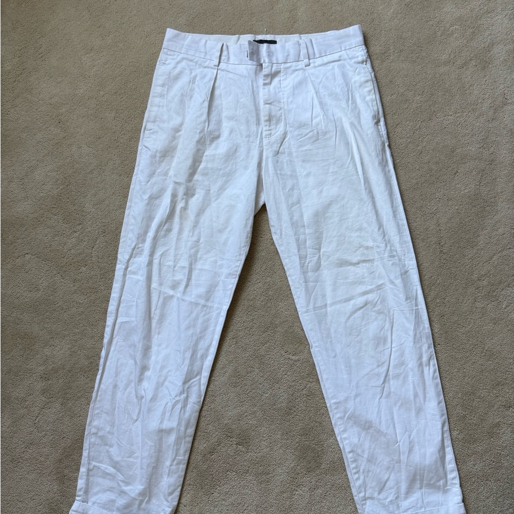 H&M White Pleated Linen-Blend Chinos